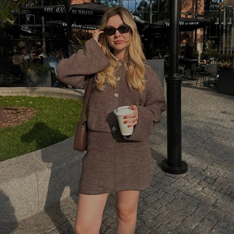 Knitted Suit Lapel Flare Sleeve Cardigan Skirt Solid Slim Sweater Two Piece Sets