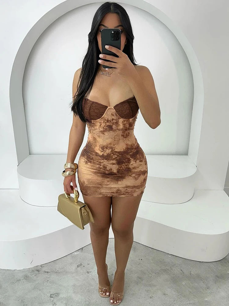 Backless Patchwork Dress Spaghetti Strap Sleeveless Lace Print Midnight Mini Bodycon