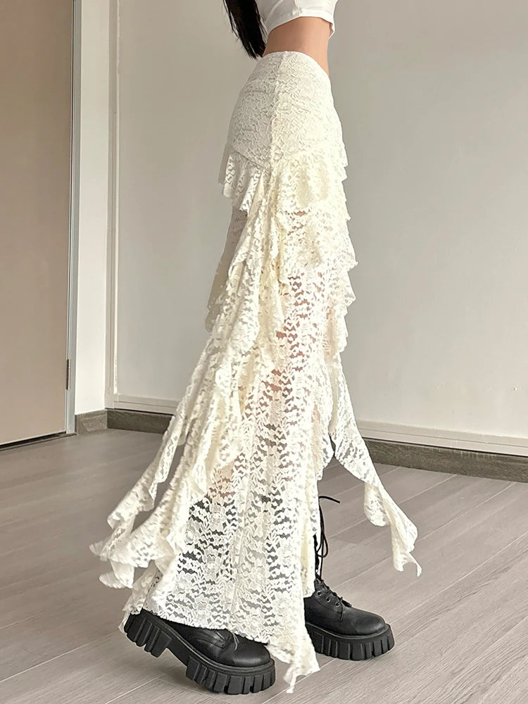 Irregular Ruffles Lace Patchwork Skirt