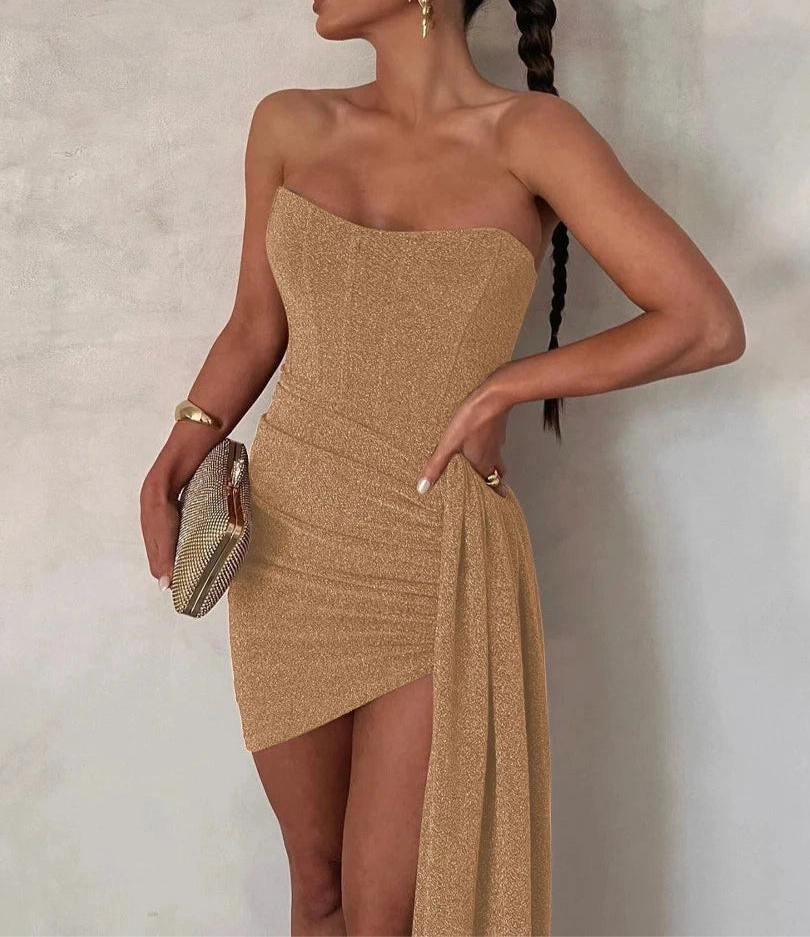 Glitter Backless Corset Ruched Bodycon Mini Dress