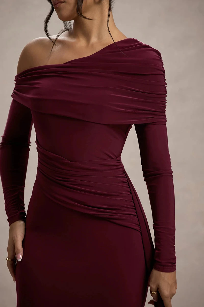 Skew Collar Long Sleeve Maxi Dress Gown Backless Draped Ruched Bodycon Long Dress