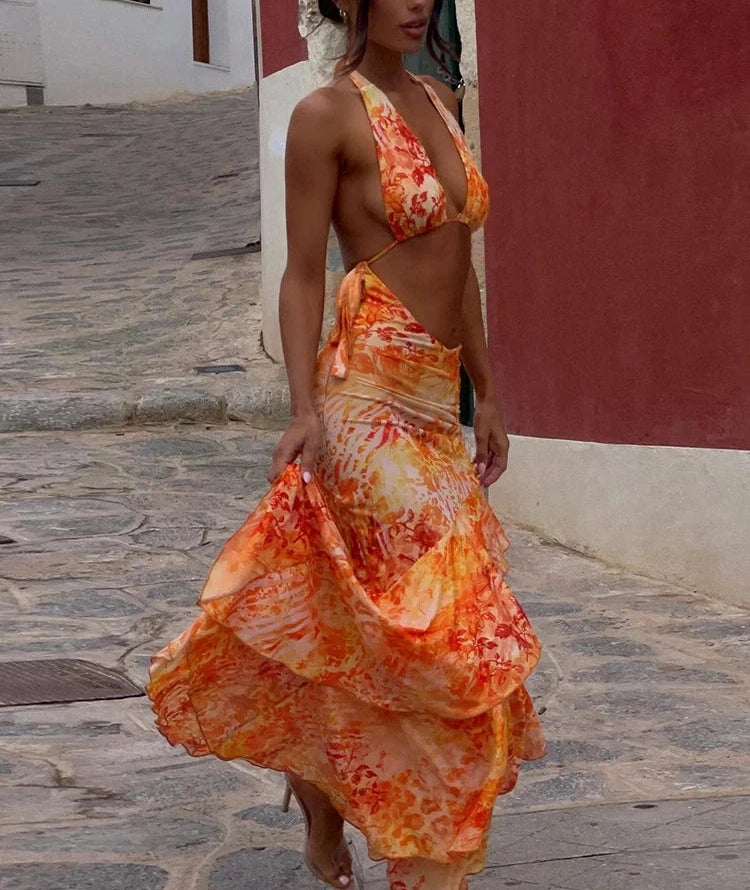 Orange Ruched Ruffles Two Piece Set