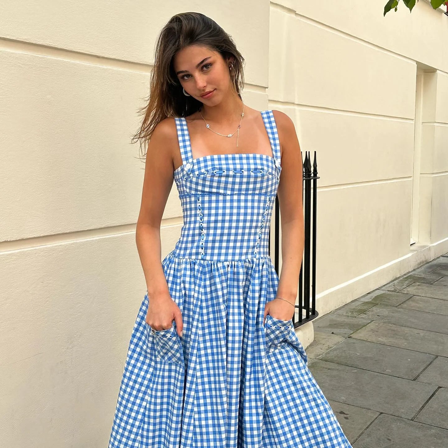 Beautiful Dress Spaghetti Strap Long Plaid Dress with Pocket Dress