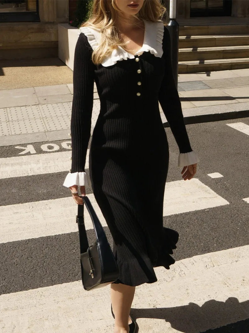 Ruffled Patchwork Knit Maxi Dress Ribbed Long Sleeve Dress Gown Slim Knit Long Dress