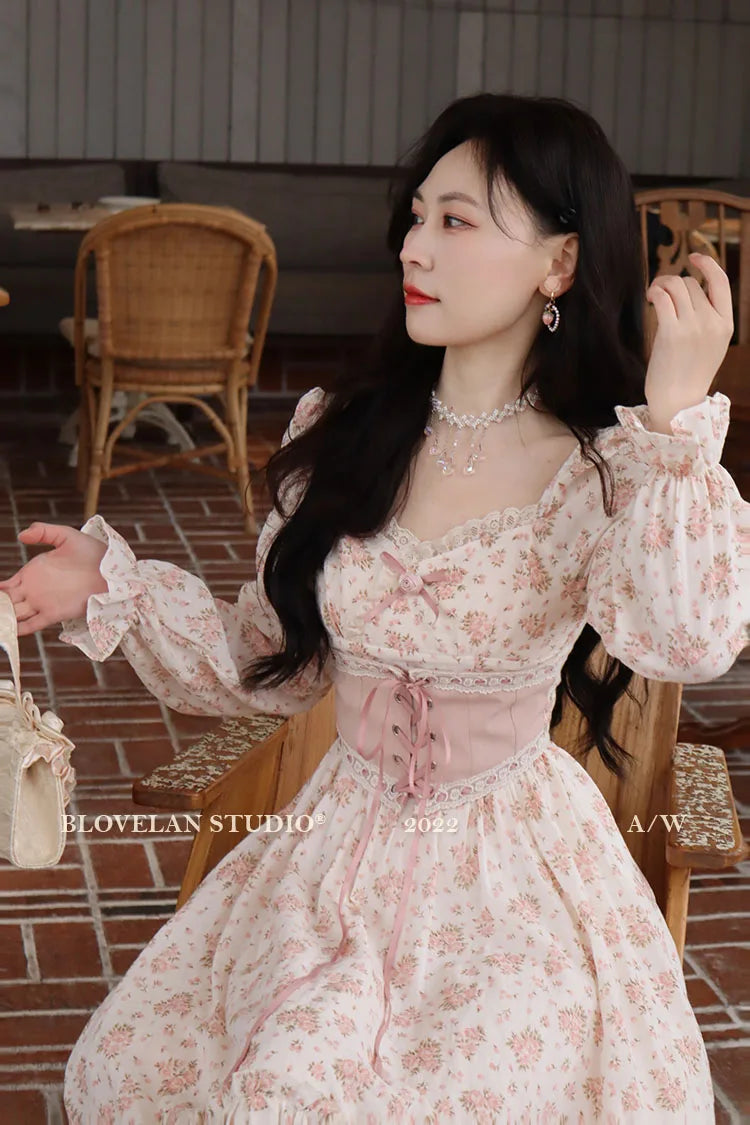 Spring Pink Floral Dress Bandage Lace Print Dress Puff Sleeve Kawaii Dress Princess Fairy