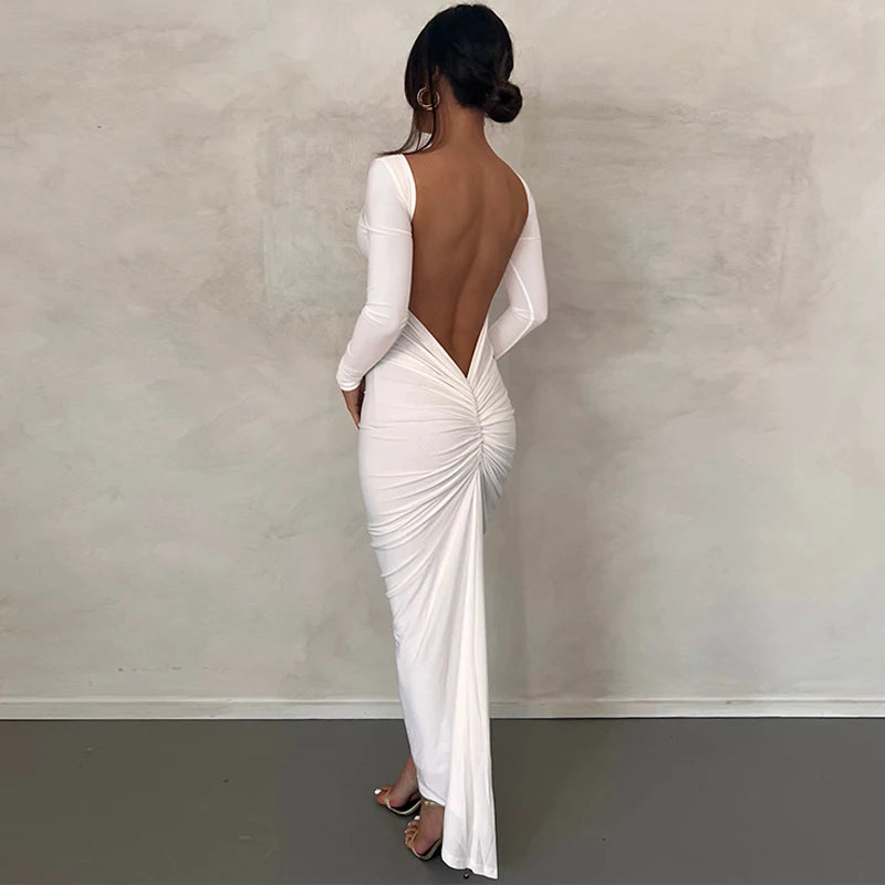 Ruched Backless Long Sleeve Bodycon Midi Dress