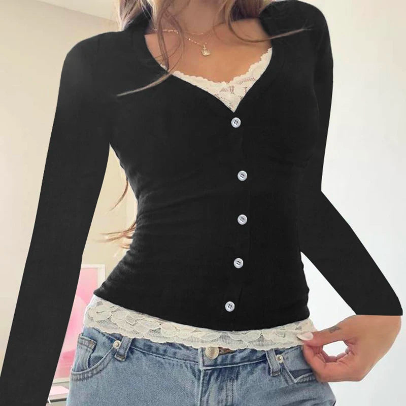 Lace Patchwork Slim Tee Shirt Long Sleeve Button Top