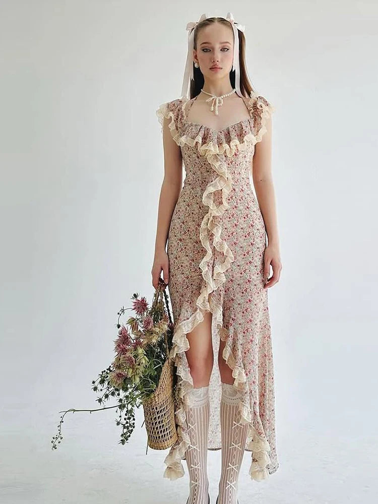 Colorful Maxi Dress High Split Patchwork Lace Folds Irregular Low-Neck Sweet Skinny