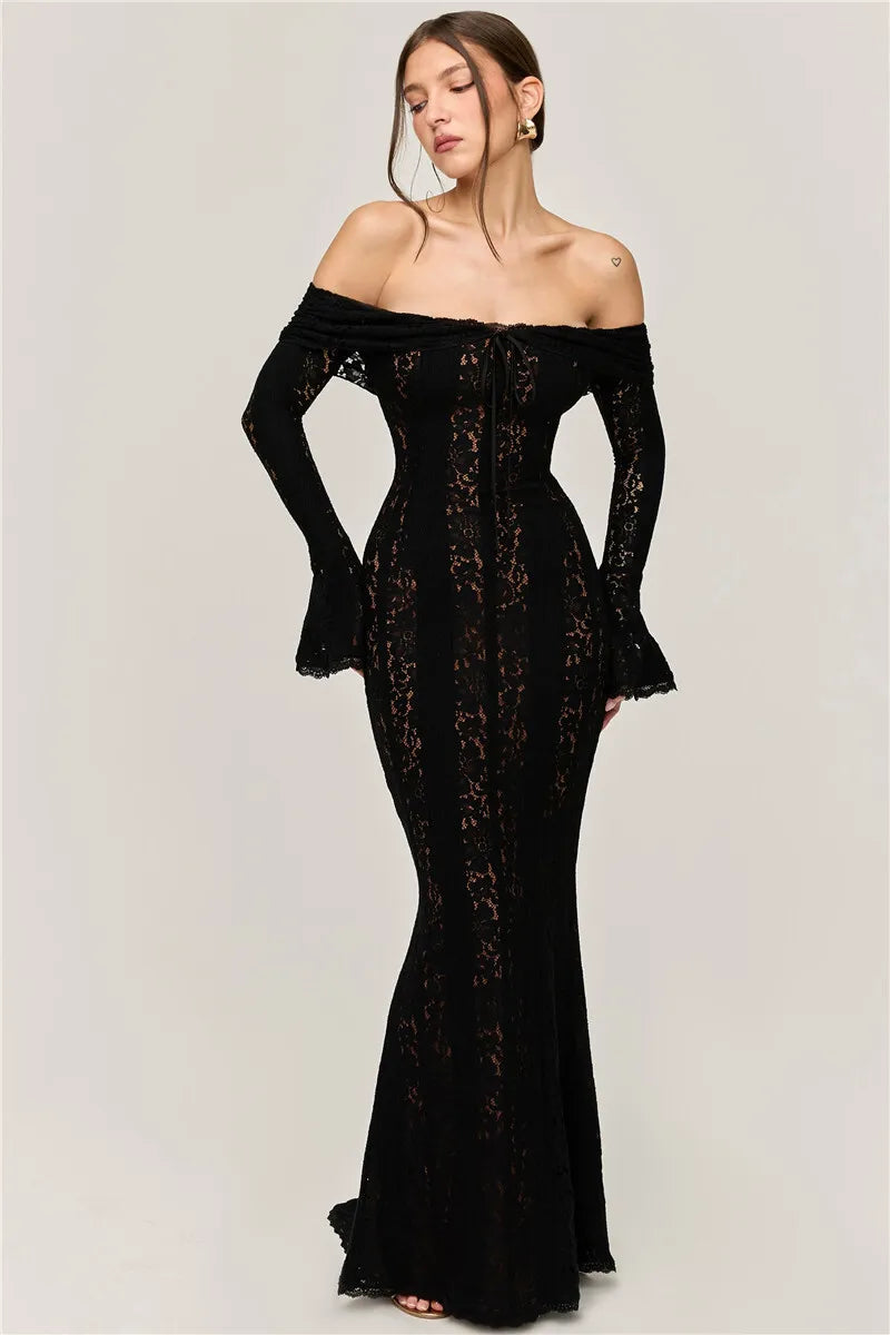 Lace Off-shoulder Maxi Dress Strapless Backless Long Sleeve Bodycon Evening Long Dress