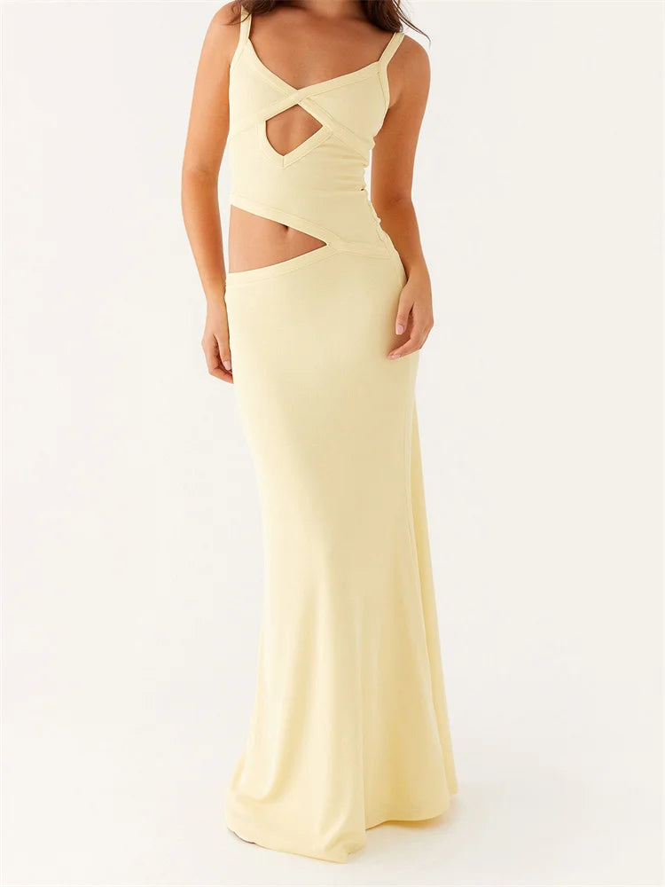 Dress Sleeveless Strap V-neck Backless Waist Front Hollow Out Dress Cocktail