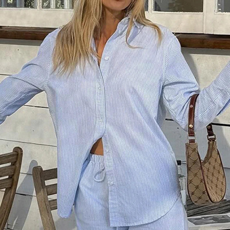Loose Blouses Striped Print Turn-down Neck Shirts Button Up