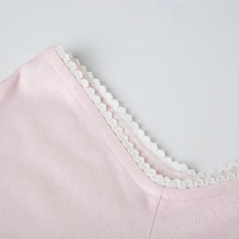 Square Collar Slim Folds Tee Shirts Long Sleeves s Lace Knitted Bow 's Top