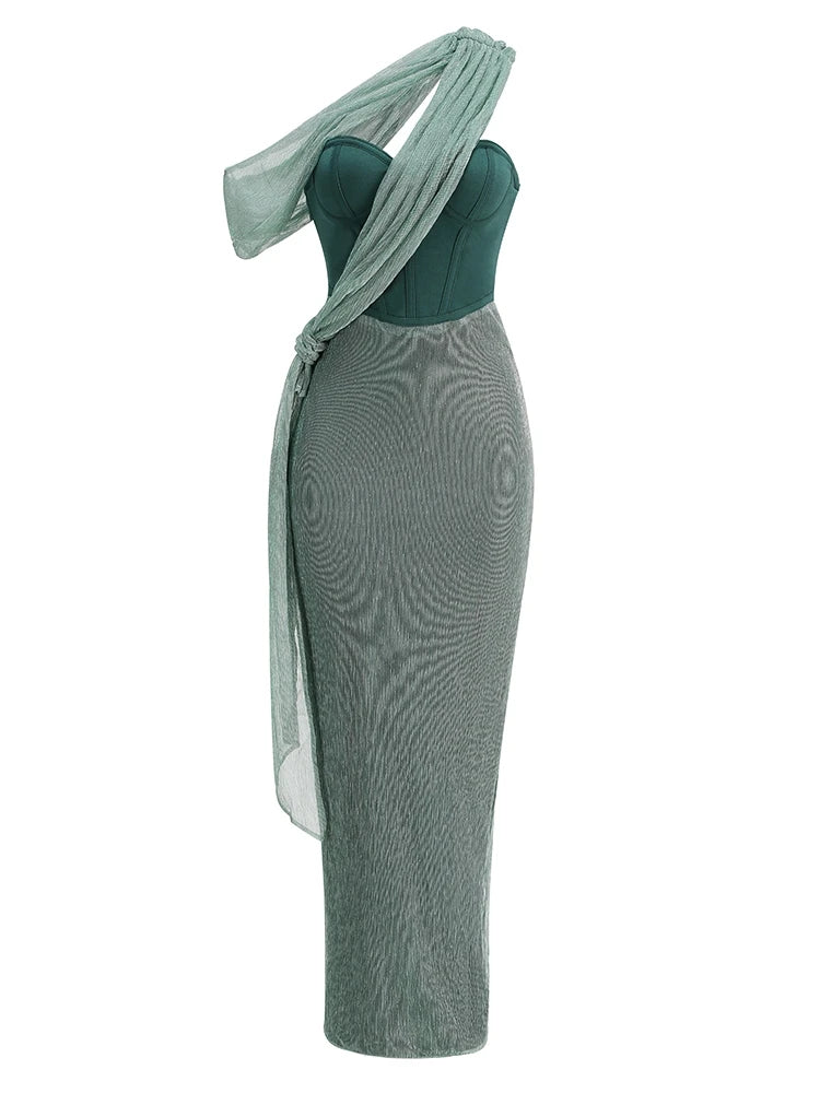 One Shoulder Draped Glitter Long Dress Brown Corset Sparkly Backless Bodycon Maxi Dresses Evening Gowns