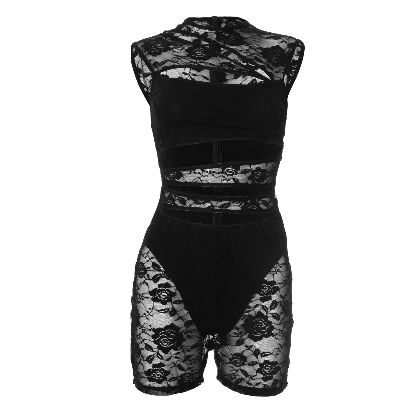 'S Lace Patchwork Playsuits Hollow Out See-Through Round Neck Sleeveless Zipper Tight Playsuits