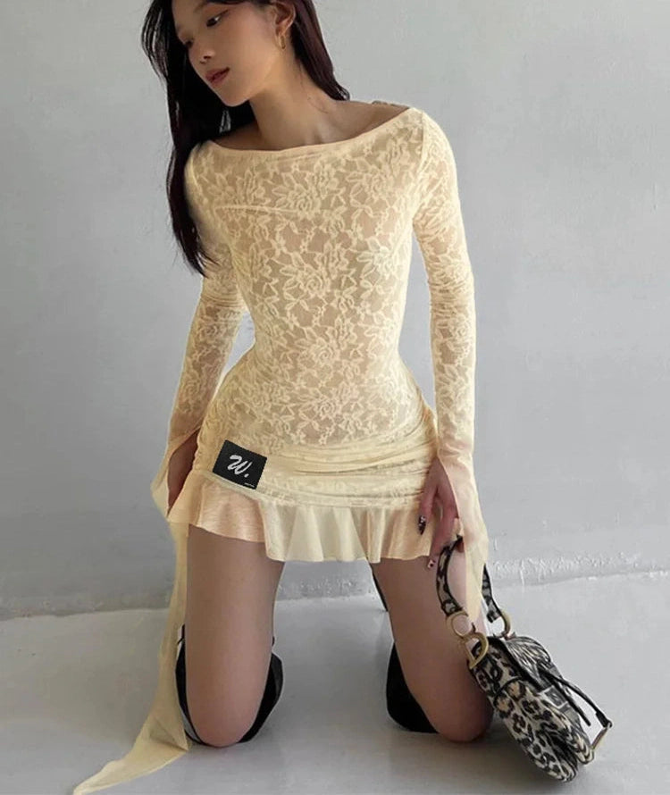 Lace Patchwork Dress See Through Backless Ruffles Long Sleeve Irregular Hem Bodycon