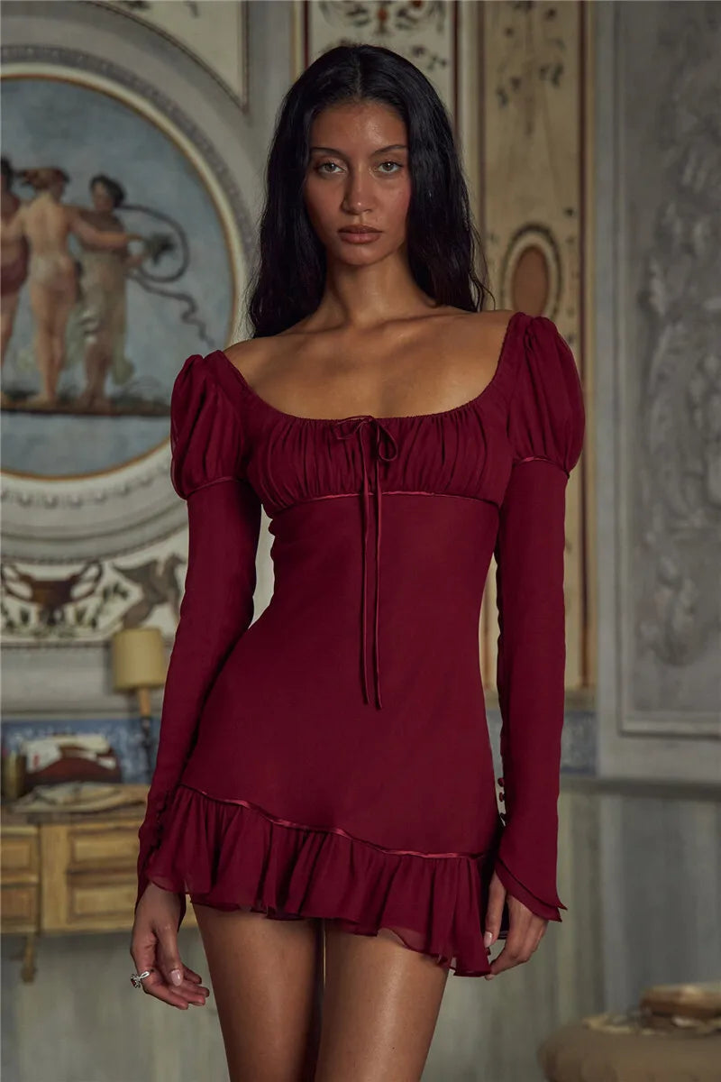 Square Collar Ruffles Chiffon Dress Long Sleeve Lace Up Dress
