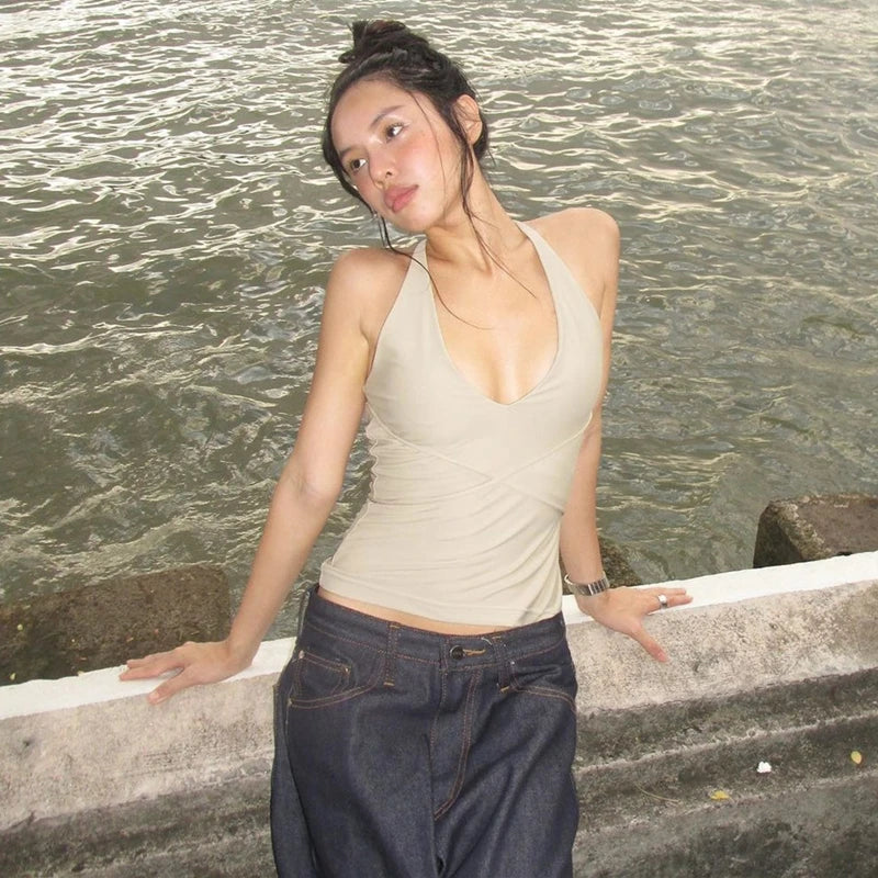 Khaki Backless Sleeveless Halter Tank Top
