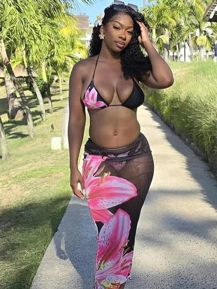Floral Skirt Set Meh Matching Halter Bikini Top Under Maxi Skirt Vacation 3 Piece