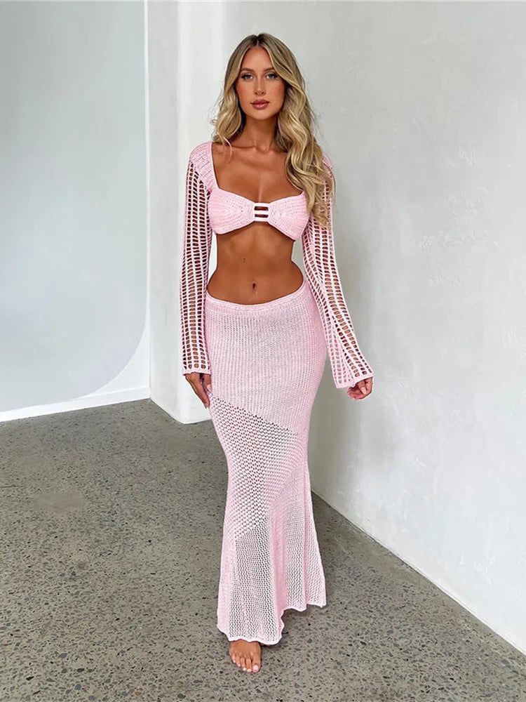 Crochet Knit 2 Piece Skirt Set Hollow Out Crop Top Long Sleeve Backless Tie Up Bodycon Dress
