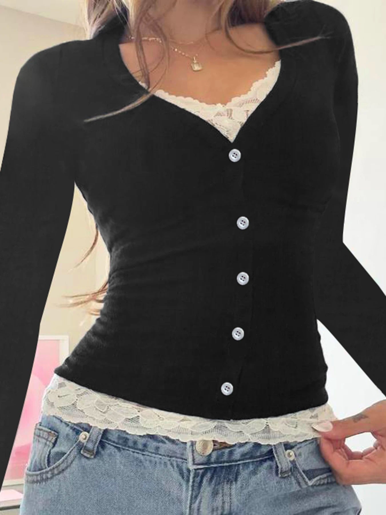 Lace Patchwork Slim Tee Shirt Long Sleeve Button Top