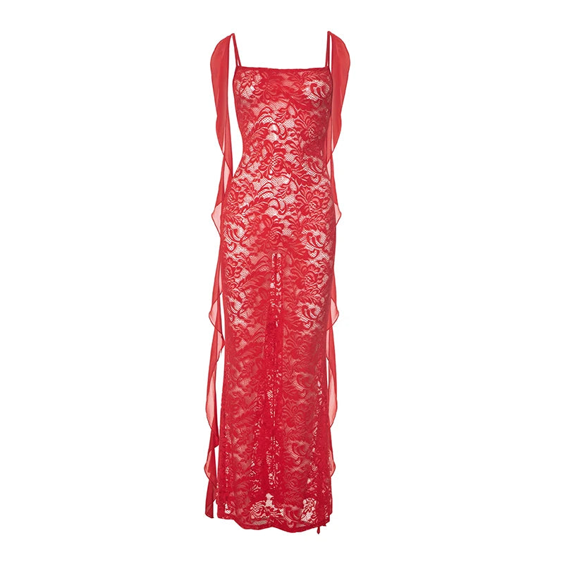 Spring And 'S Lace See-Through Flowers Chiffon Fluttering Large Backless Camis Dress