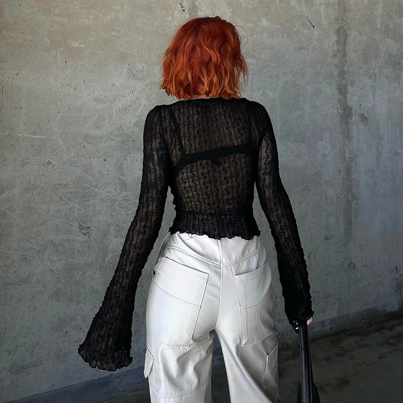 V-Neck Long Sleeve Lace-Up Slit Crop Top Wood Ear Hem Super Thin T-Shirt Caaul Cardigan