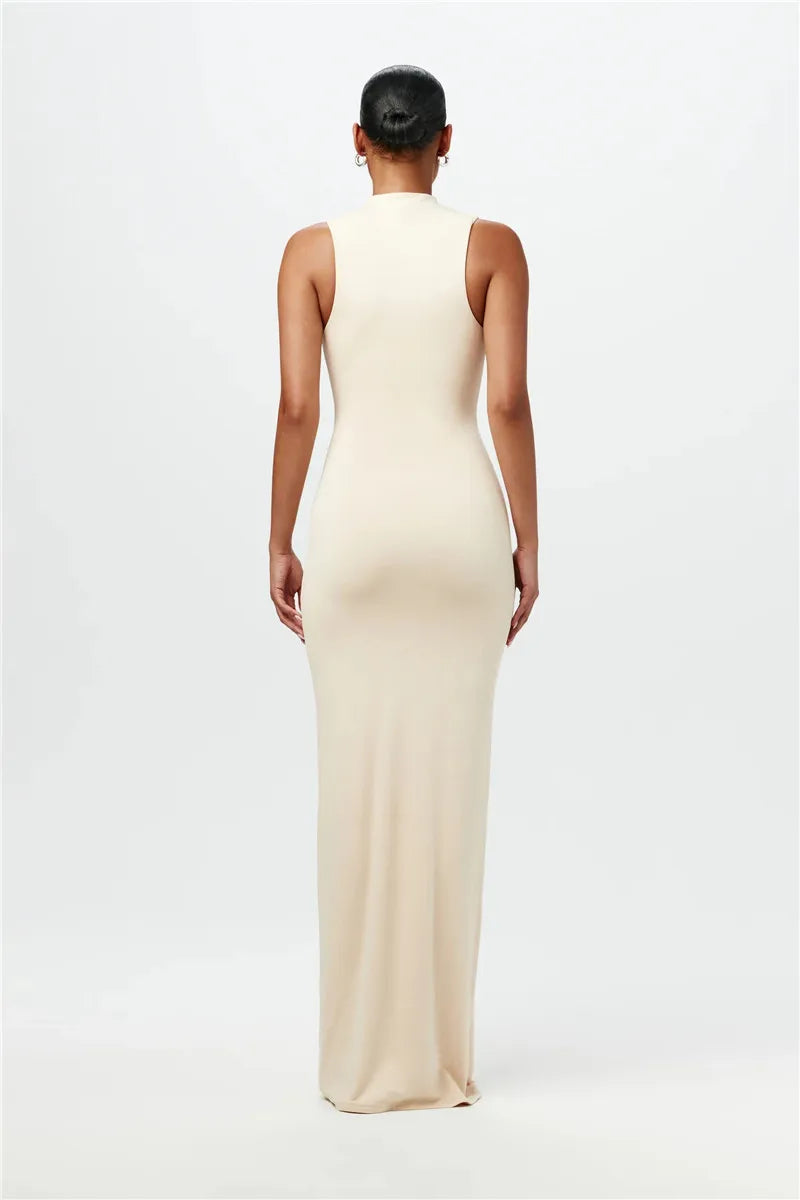 Half High Collar Irregular Tank Dress Sleeveless Bodycon Ruched Long Dress