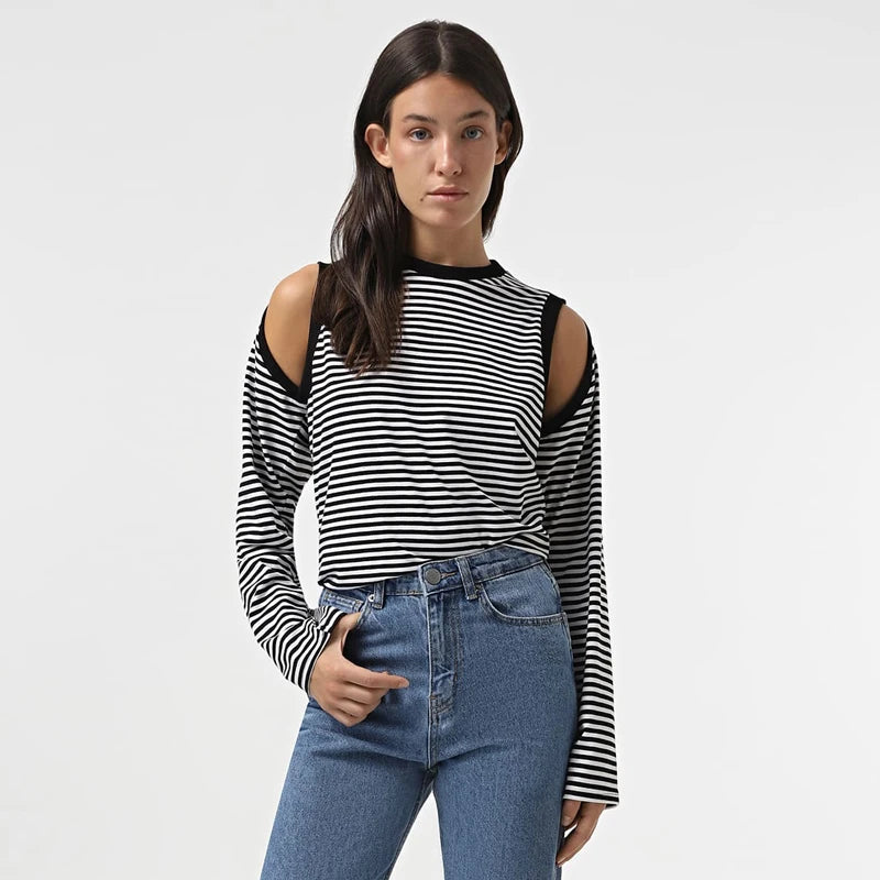 Strip Contrast Off-Shoulder Long Sleeve Top