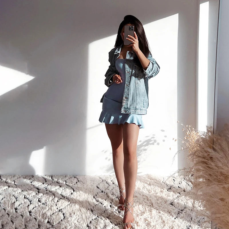 Soft Tender Slight Blue Strapless Wrap Mini Pleated Dress Pullover Charm Dating