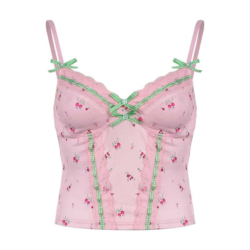 Pink Floral Lace Bow Top