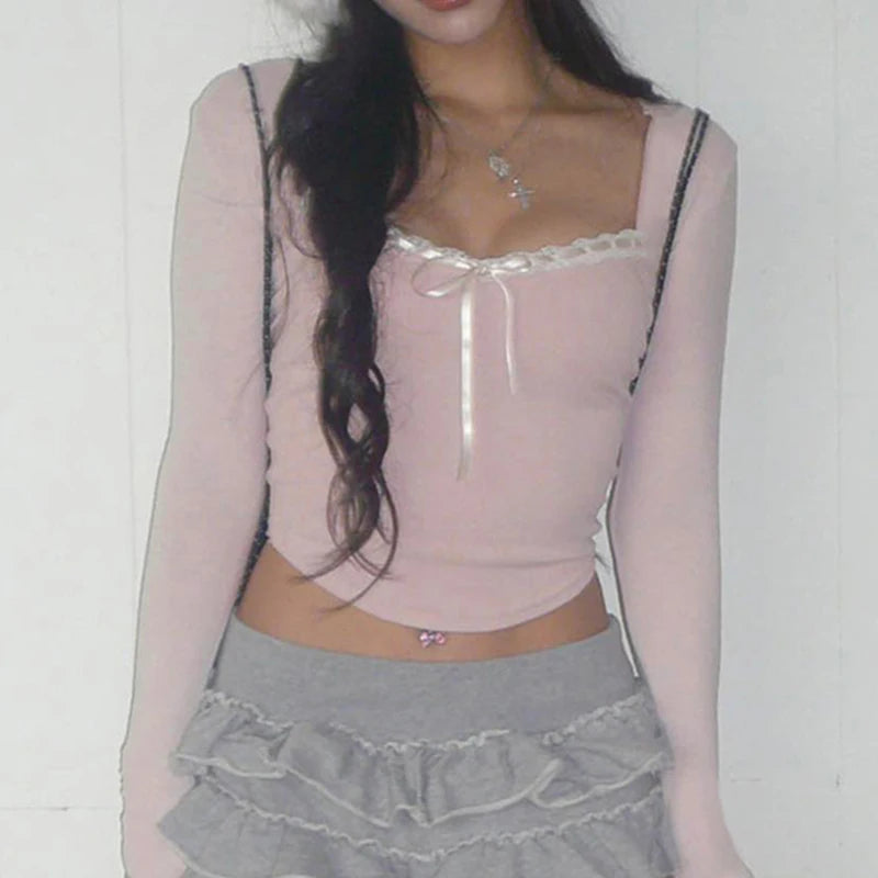 Lace-up Tshirts Square Collar Crop Top Long Sleeves Slim