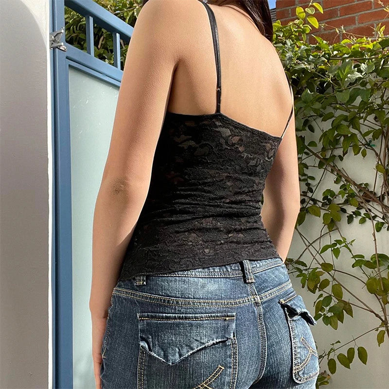 See-through Black Lace Camis Spaghetti Strap Backless 's V-neck