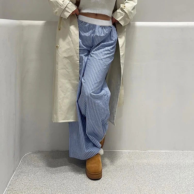 Patchwork Striped Trousers Pants Loose Bottoms