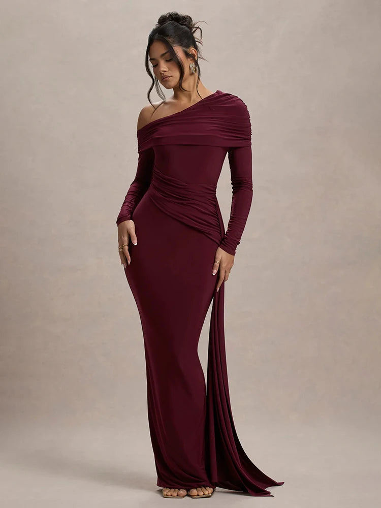 Skew Collar Long Sleeve Maxi Dress Gown Backless Draped Ruched Bodycon Long Dress
