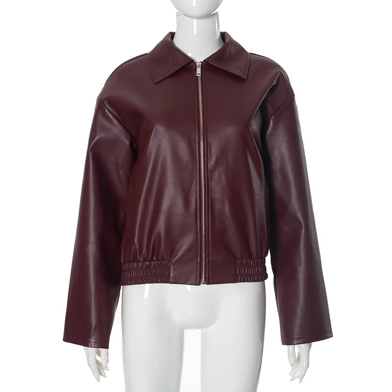 Biker Wind Leather Jacket Long-Sleev Zipper Jacket Looe Cardigan Jacket