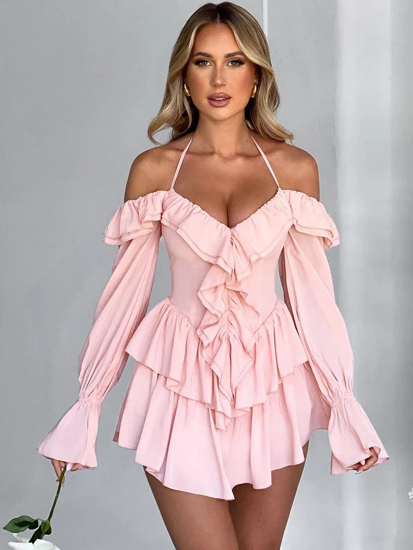 Halter Ruffle Flare Sleeves Mini Dress