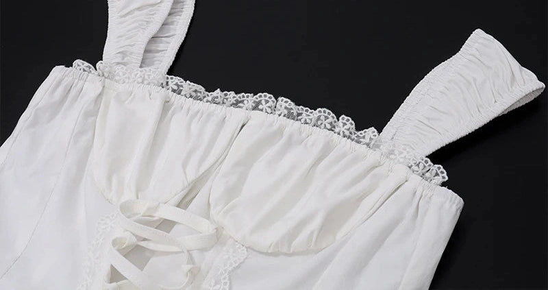Lace Patchwork Tank Top With Low-waist Draw-string Long Skirt French Two Piece Sets
