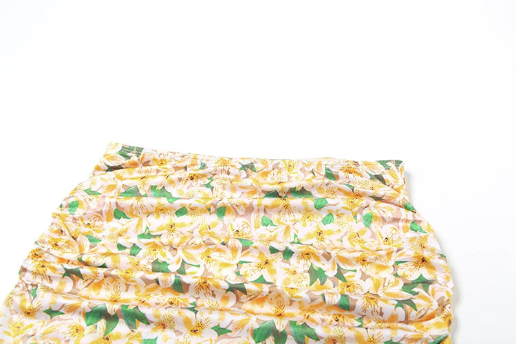 Floral Print Two Piece Set Halter Shirring Tube Camisole Peach Hip Skirt Sweet Matching Suits