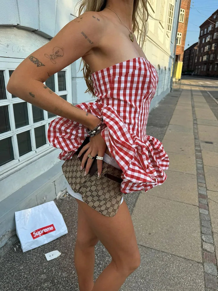Plaid Corset Top Pleated Fluffy Hem Sleeveless Basic Street Backless Top