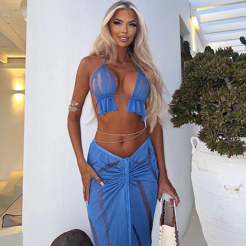 Hollow Mesh Backless Top Drawstring Long Skirt Set