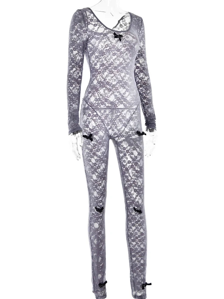 Lace Transparent Thin Solid Jumpsuit Long Sleeve Slim Fit Sheer Night Street Jumpsuit