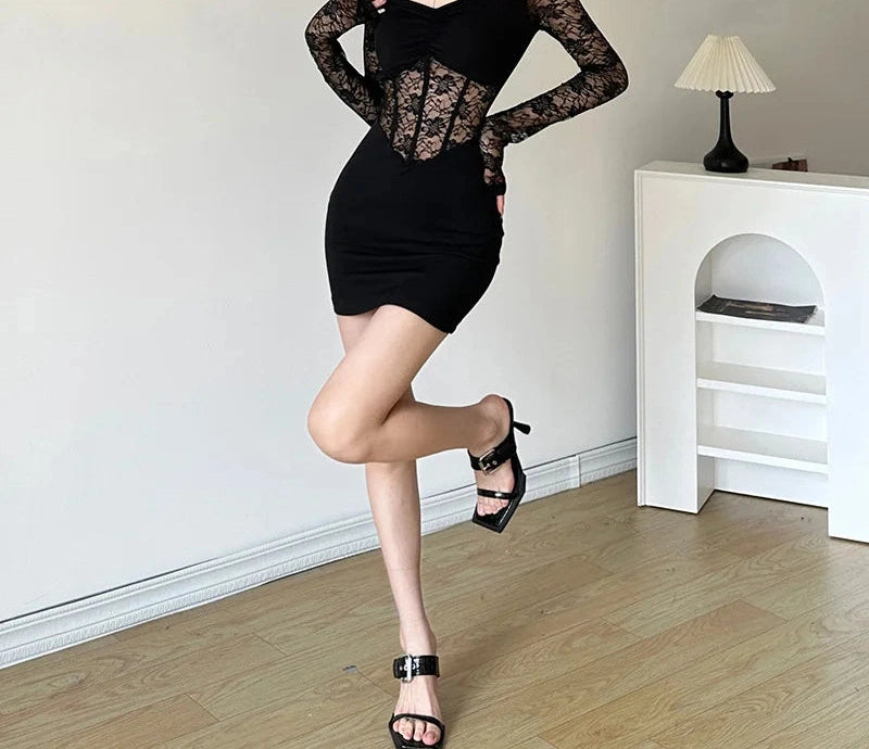 Black Mysterious Lace Stitching Mature Fishbone Beautiful Sweet Gentle Long Sleeve Hip Short Dress