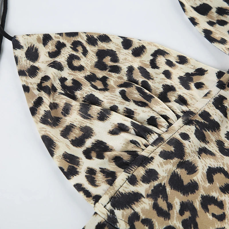 Backless Leopard Camisoles Lace-up Halter Neck