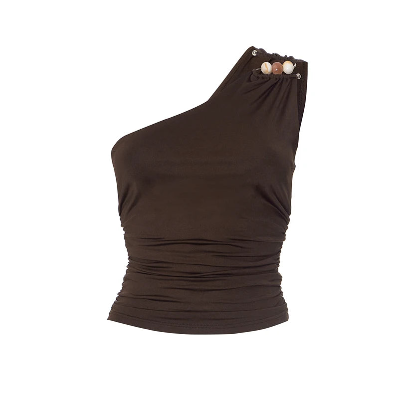 One-Shoulder Bead Link Ruched Tank Top Slim Light Personality American tie Girls Tank Top