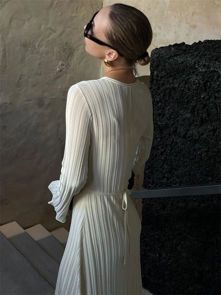 Knit Loose Maxi Dress Lace-Up High Waist Ribbed Long Sleeve Dress Knit Long Dress