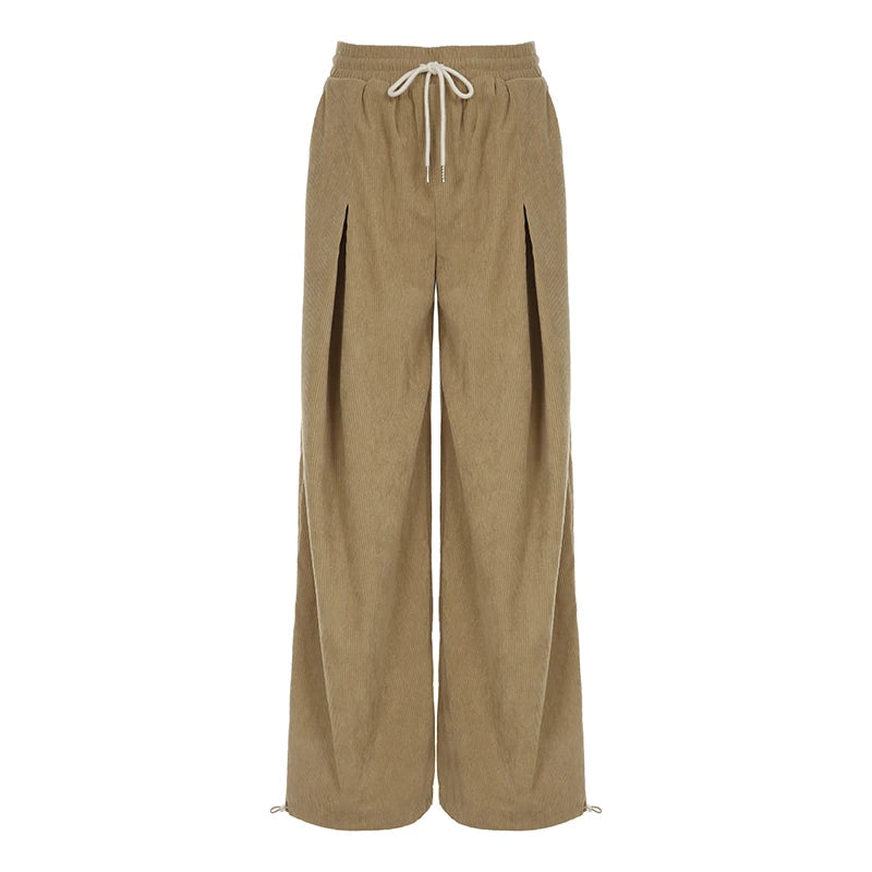 Baggy Corduroy Pants Drawstring Wide Leg Trousers Retro Bottoms