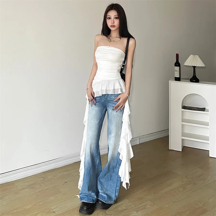 Solid Color Sweet Gentle Cute All-match Travel Chest Wrap ruched Tassel Vest