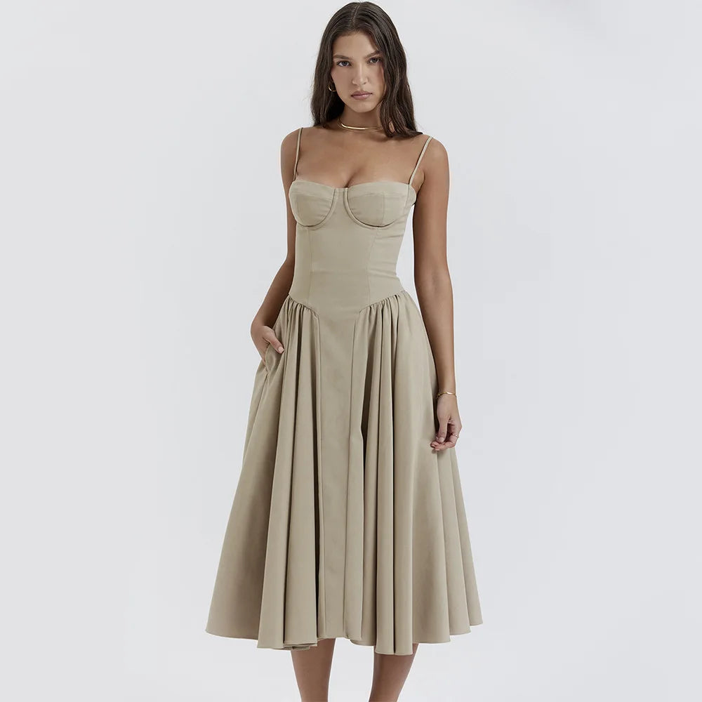 Dress for Pink Spaghetti Strap Midi Dress with Pocket Long Dress