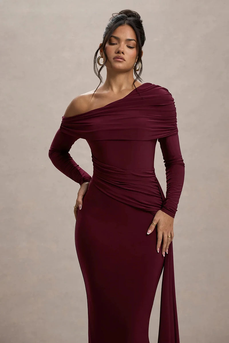 Skew Collar Long Sleeve Maxi Dress Gown Backless Draped Ruched Bodycon Long Dress