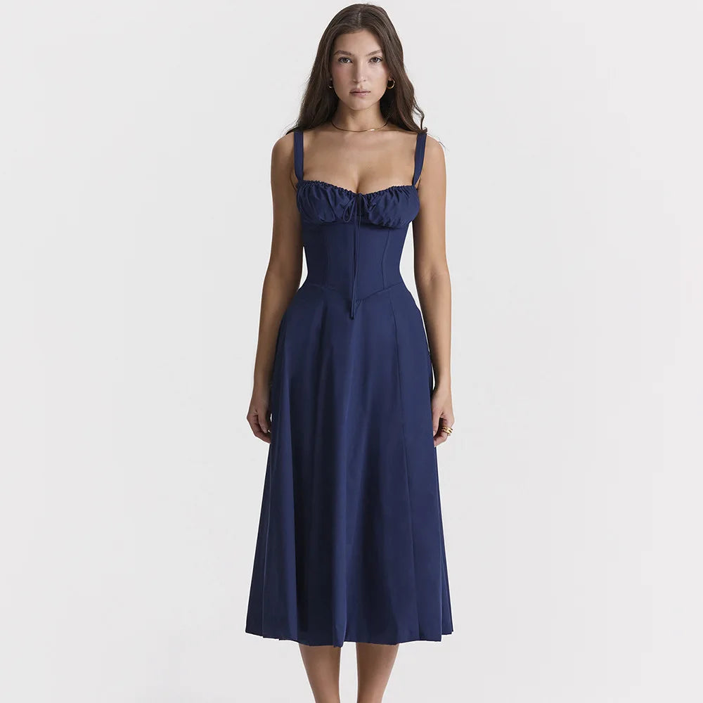 Floral Dress Midi Spaghetti Strap Lace Up Dress A Line